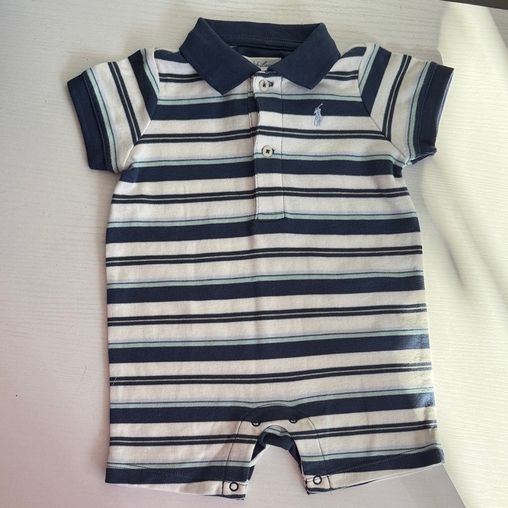 Ralph Lauren Navy and White Striped Polo Onesie NWT Size 6M